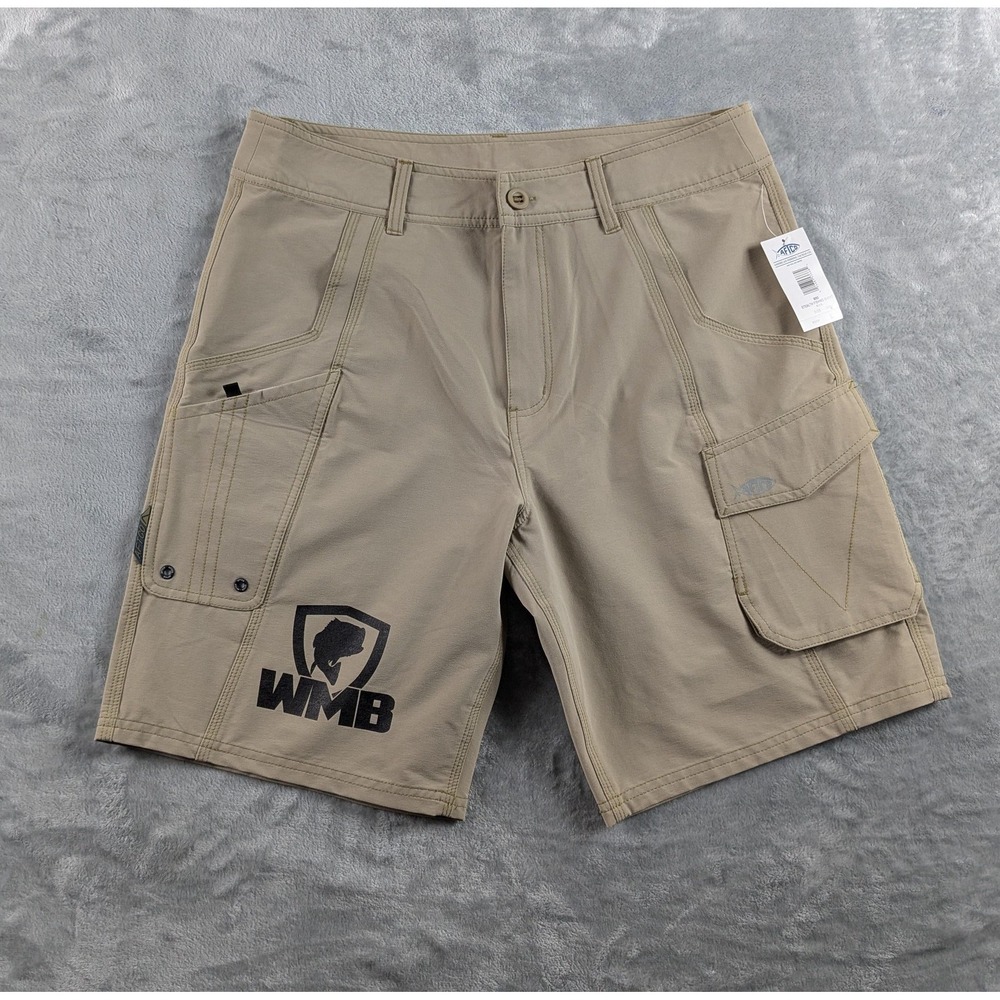 AFTCO Stealth Fishing Shorts Mens 34 Beige 9.5" Inseam Stretch Nylon Outdoor